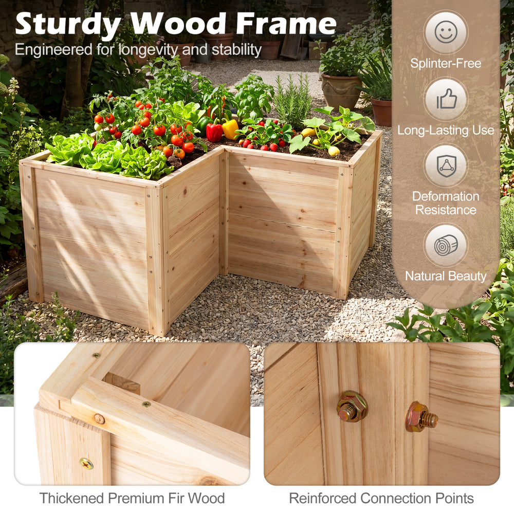 L-shaped 24-inch wooden raised garden bed made of natural fir wood, designed for stability and optimal plant growth.