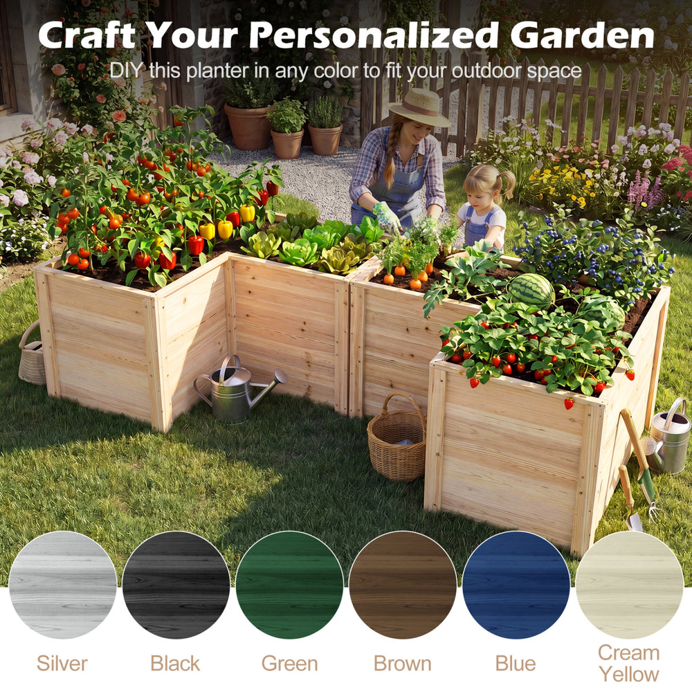 L-shaped 24-inch wooden raised garden bed made of natural fir wood, ideal for various plants with an open-ended base.