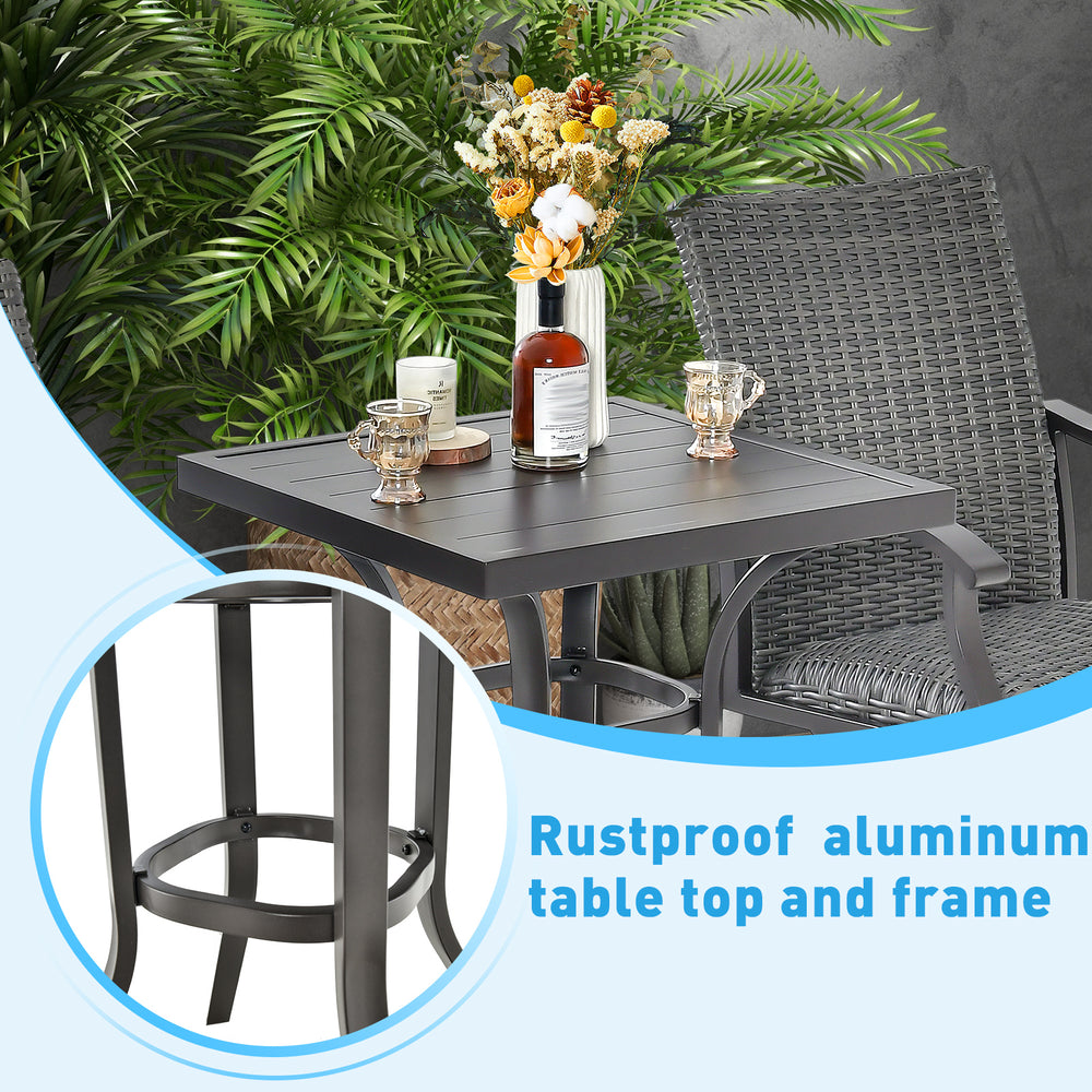 Rustproof aluminum patio bar height table with 24" top and adjustable foot pads, ideal for backyard or poolside use.