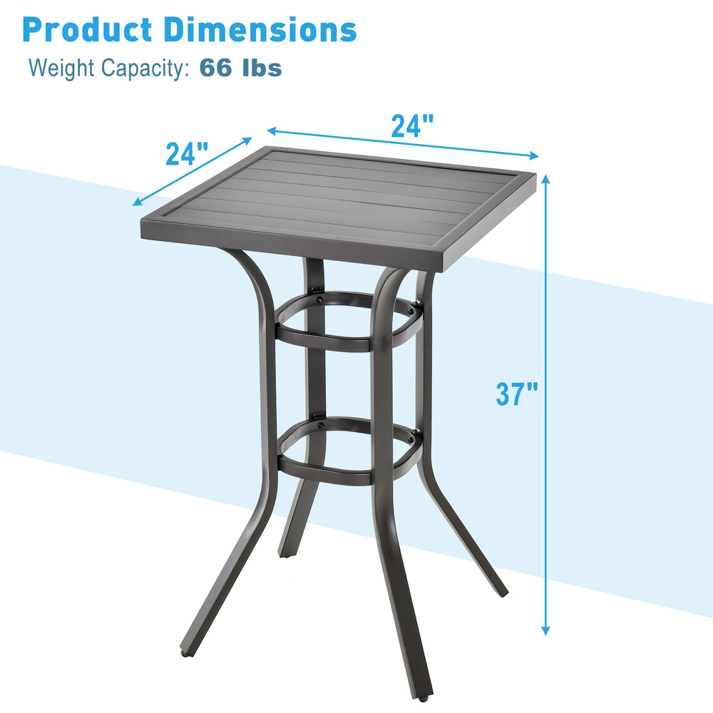 24-inch patio bar height table with aluminum tabletop, adjustable foot pads, ideal for backyard or poolside use.