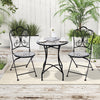 24-inch black patio bistro table with ceramic tile top and two chairs, perfect for indoor or outdoor relaxation.
