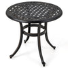 24-inch rustic brown patio side table with elegant patterns, adjustable footpads, ideal for poolside or balcony use.