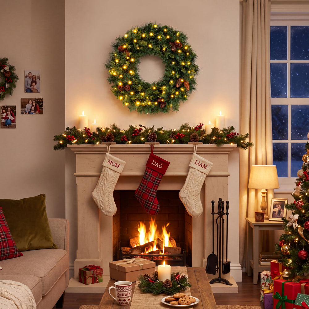 24 Inch Pre-Lit Artificial Christmas Wreath for Front Door Battery Operated-1 Piece - Gallery View 1 of 10
