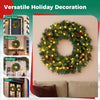 24-inch pre-lit Christmas wreath with 50 warm white LED lights, natural pine cones, and lush green branches for festive decor.
