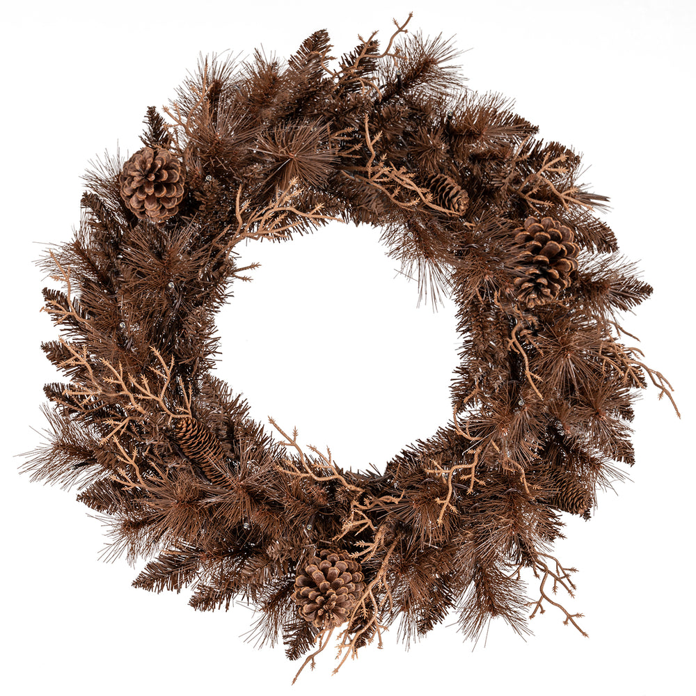 24-inch pre-lit Christmas wreath with 105 brown branch tips, 35 warm white LED lights, and natural pine cones for.