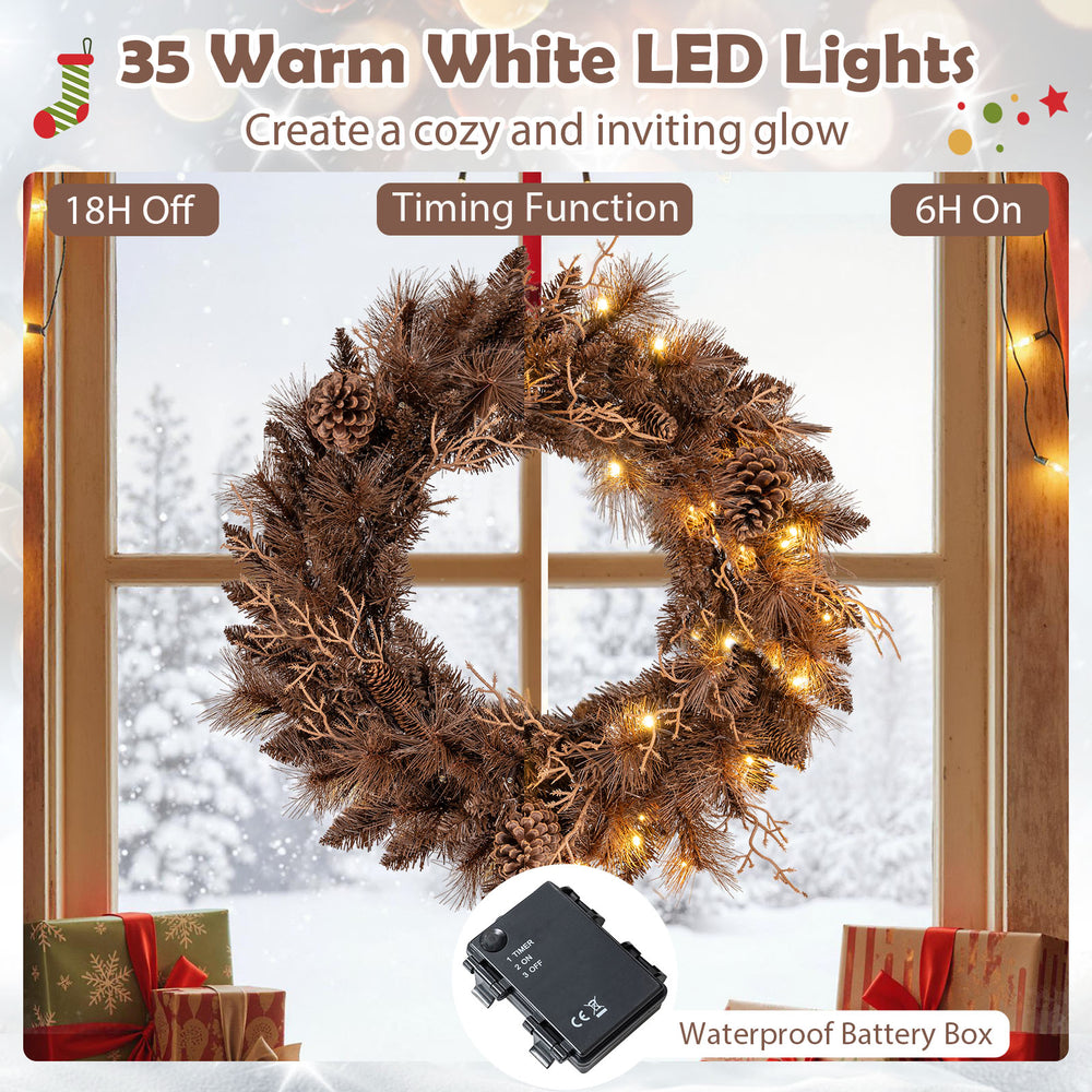 24-inch pre-lit Christmas wreath with 35 warm white LED lights, featuring natural branch tips and pine cones for.
