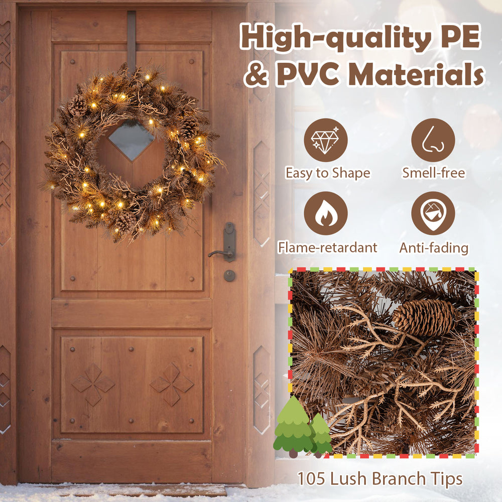 24-inch pre-lit Christmas wreath with 105 brown branch tips and 35 warm white LED lights for festive door decoration.