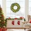 24-inch pre-lit Christmas wreath with 35 warm white LED lights, displayed on a window for festive holiday decor.