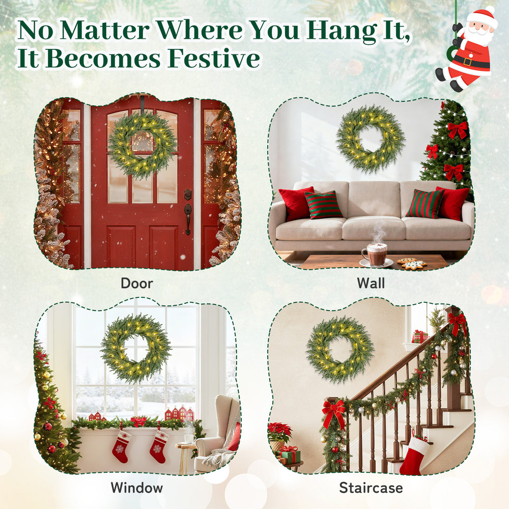 24-inch pre-lit Christmas wreath with 108 branch tips and 35 warm white LED lights, perfect for door or window.