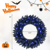 24-inch pre-lit Halloween wreath featuring 35 purple LED lights, perfect for festive wall or door decoration.
