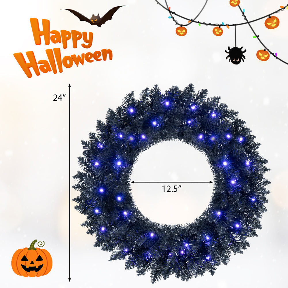 24-inch pre-lit Halloween wreath featuring 35 purple LED lights, perfect for festive wall or door decoration.