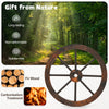 24-inch decorative wooden wagon wheel made of carbonized fir wood, ideal for rustic indoor and outdoor decor.