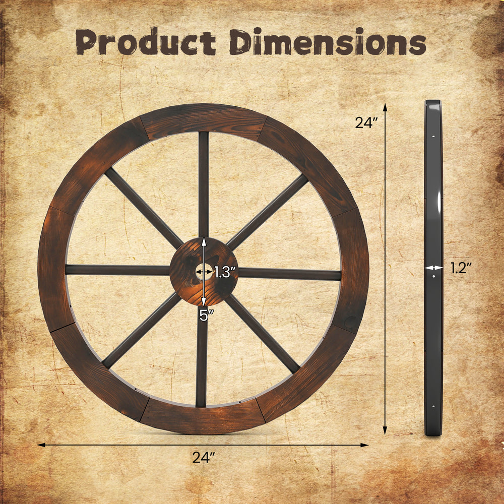 24-inch decorative wooden wagon wheel dimensions with a 1.2" thickness, ideal for rustic home decoration.