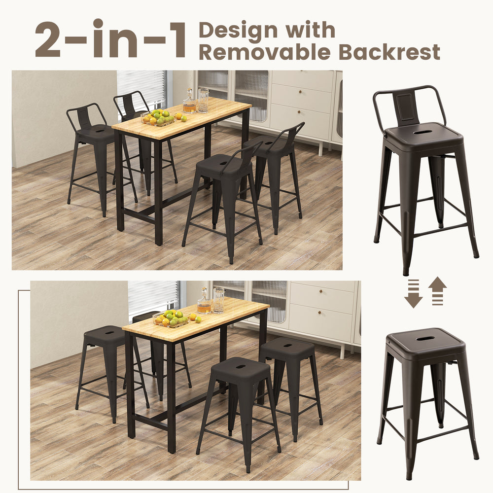 Set of 4 black cafe side chairs with removable backs, featuring ergonomic design and rubber feet for floor protection.