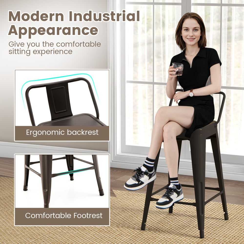 24-inch cafe side chair with ergonomic backrest and footrest, featuring a solid metal frame for kitchen or patio use.