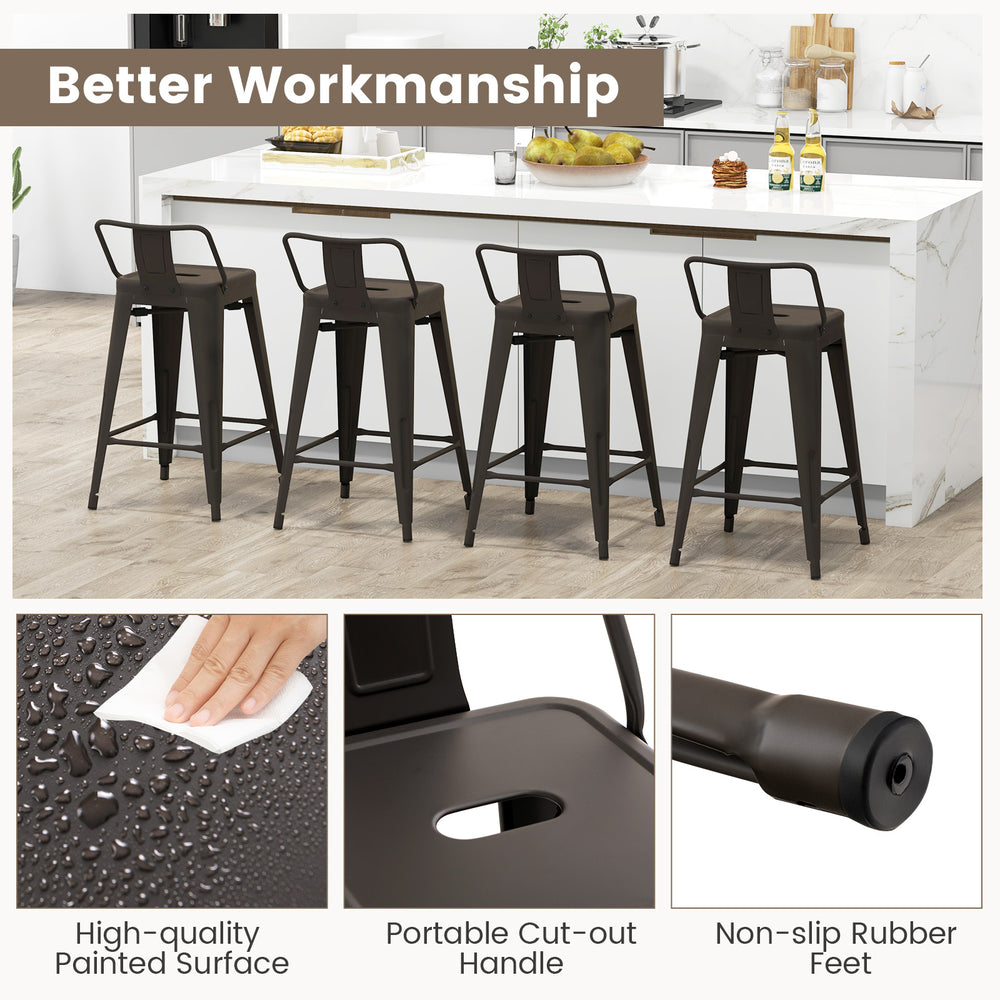 Set of 4 gun metal cafe side chairs with removable backs, ergonomic design, and rubber feet for floor protection.