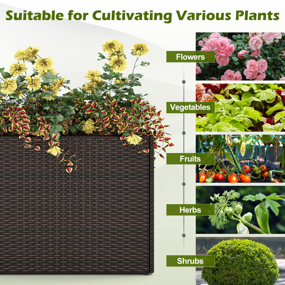 24-inch tall raised garden bed made of weatherproof PE rattan, ideal for cultivating flowers, vegetables, and herbs.