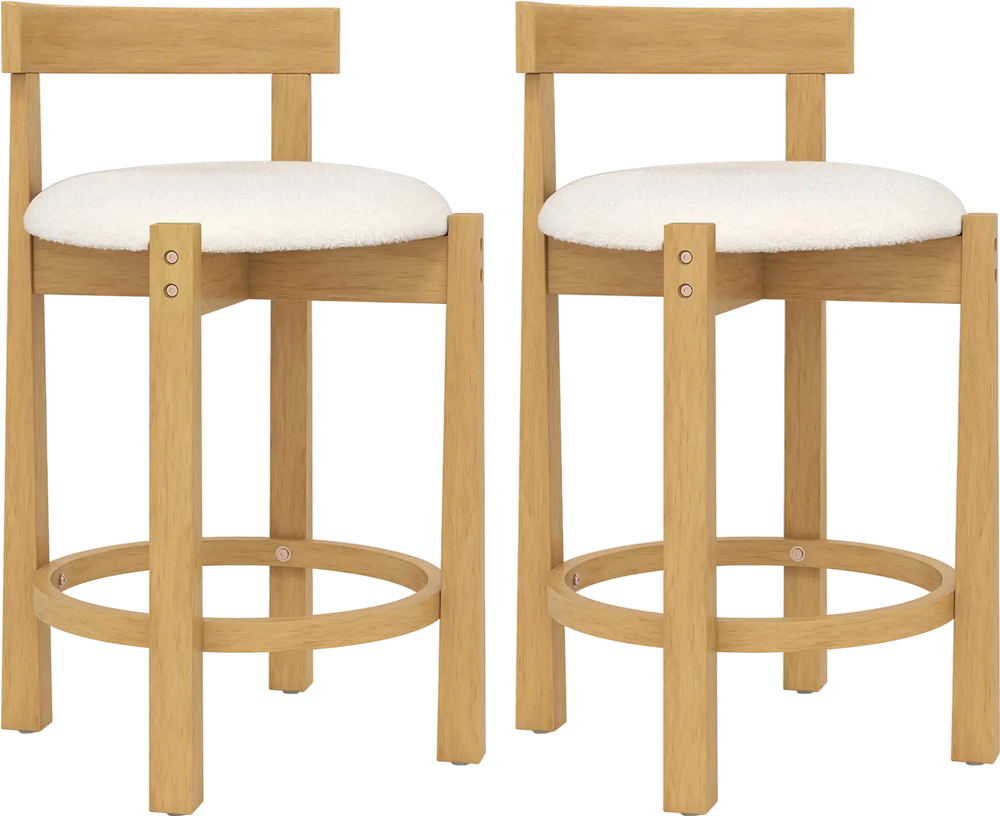Set of 2 24-inch counter height bar stools with teddy velvet upholstery and solid rubber wood frame for kitchen or.