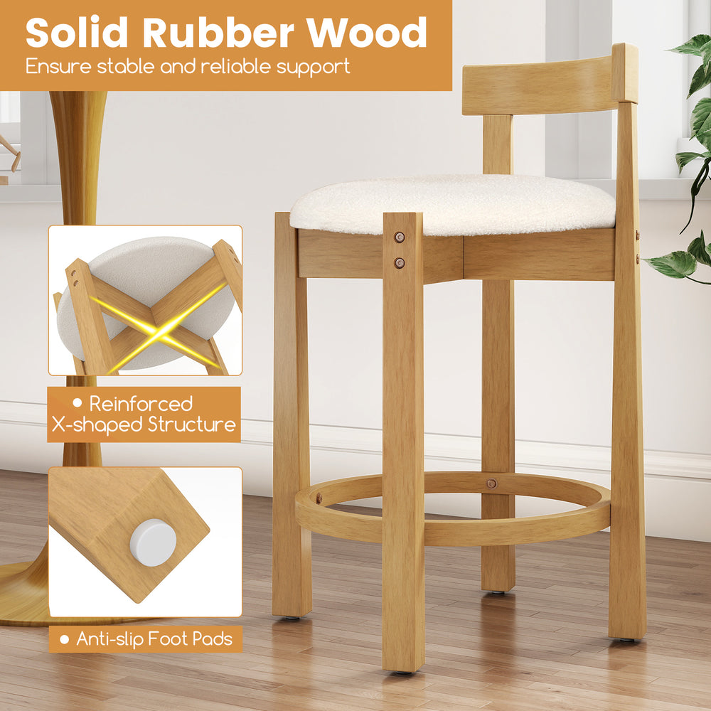 24-inch teddy velvet upholstered counter height bar stool with backrest, solid rubber wood frame, ideal for kitchen.