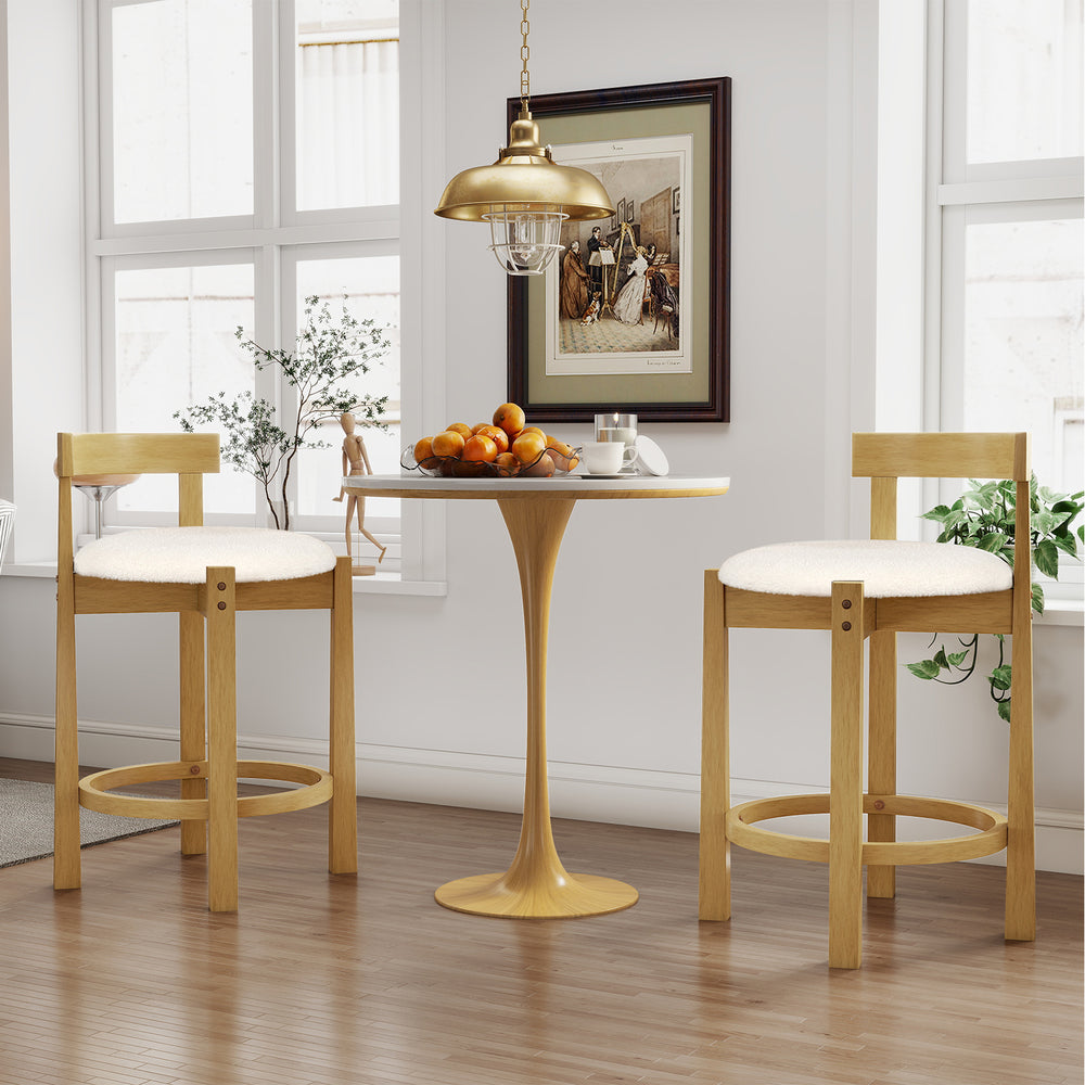 Front view of two 24-inch teddy velvet upholstered counter height bar stools with solid rubber wood frames, ideal for.
