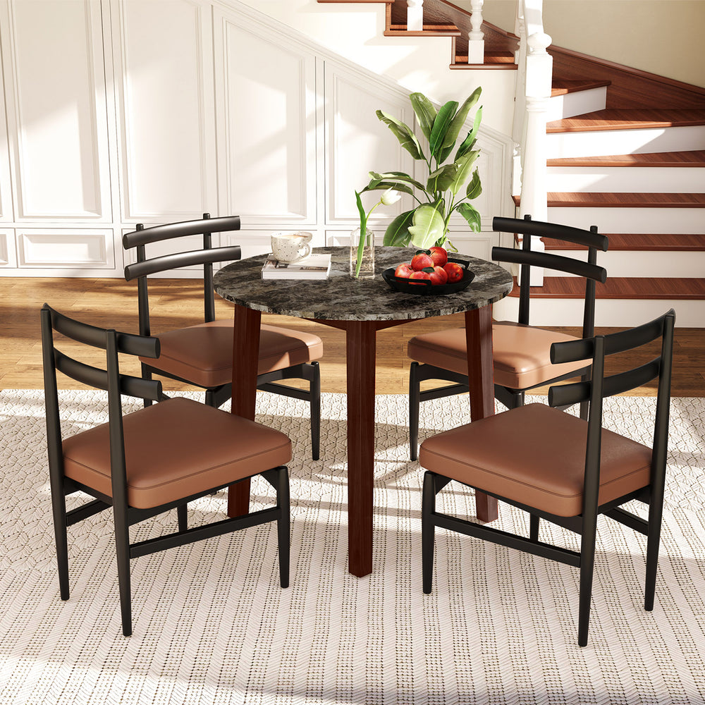 35 Inch Round Dining Table with Rubber Wood Legs and Marble-textured Veneer Tabletop-Brown - Gallery View 1 of 10