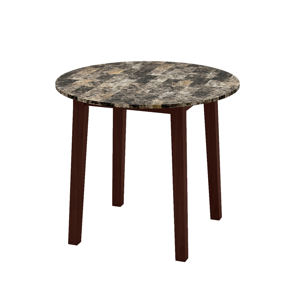Round 35-inch dining table with rubber wood legs and marble-textured veneer, perfect for dining and workspace.