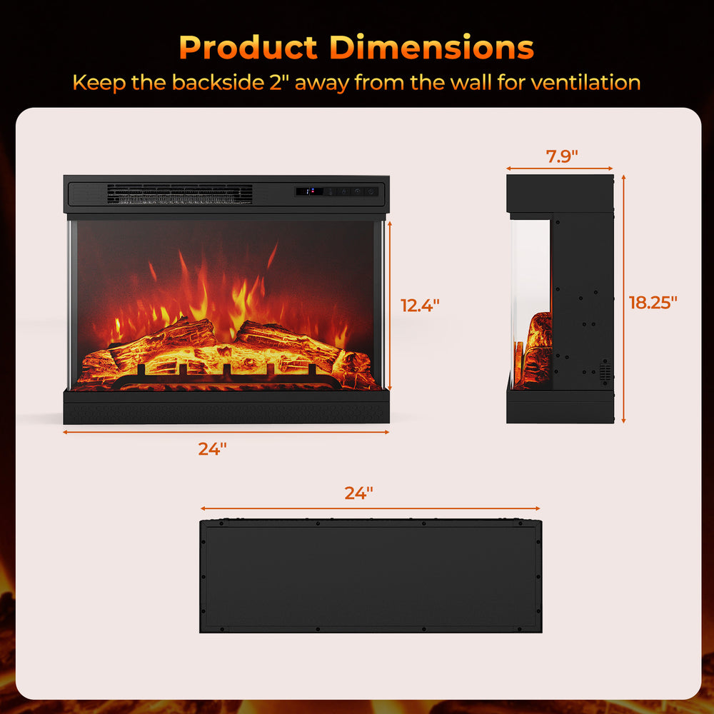 Dimensions of the 24-inch 3-sided glass electric fireplace heater for optimal ventilation and heating efficiency.