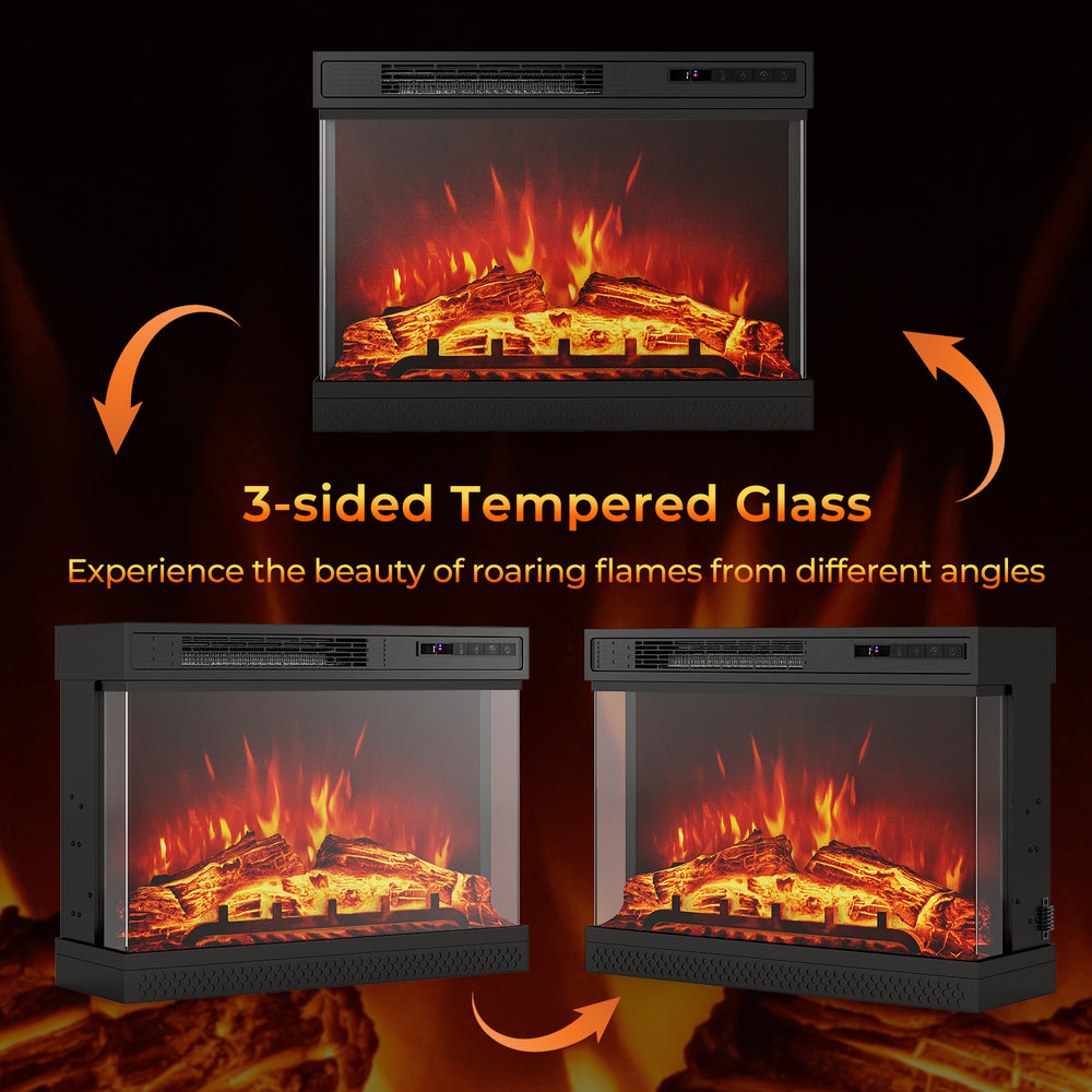 24-inch 3-sided glass electric fireplace heater with remote control, featuring adjustable flame colors and thermostat.