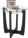 Round side table with a 0.31" tempered glass top and solid rubber wood base, perfect for living room or office use.