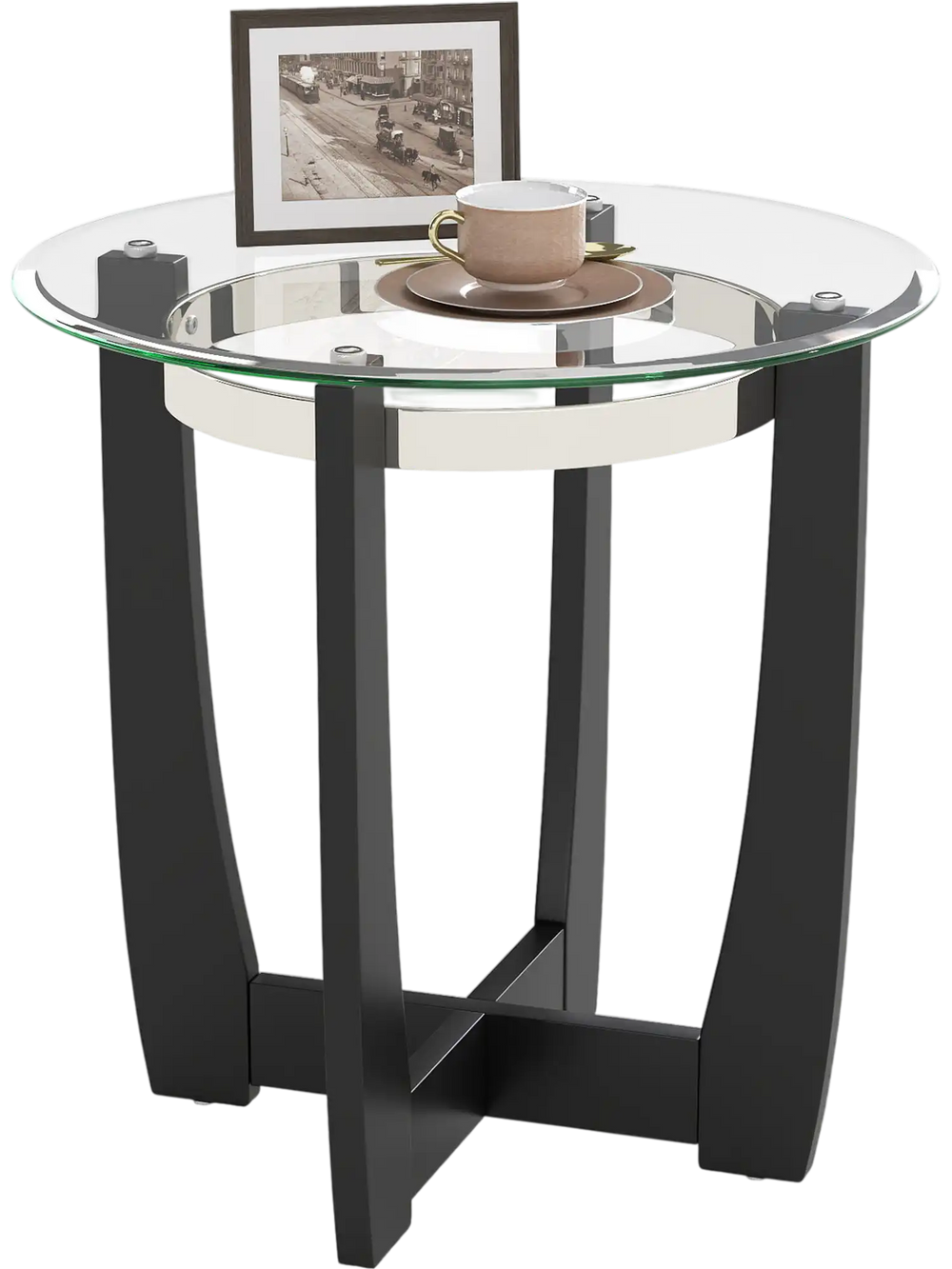 Round side table with a 0.31" tempered glass top and solid rubber wood base, perfect for living room or office use.