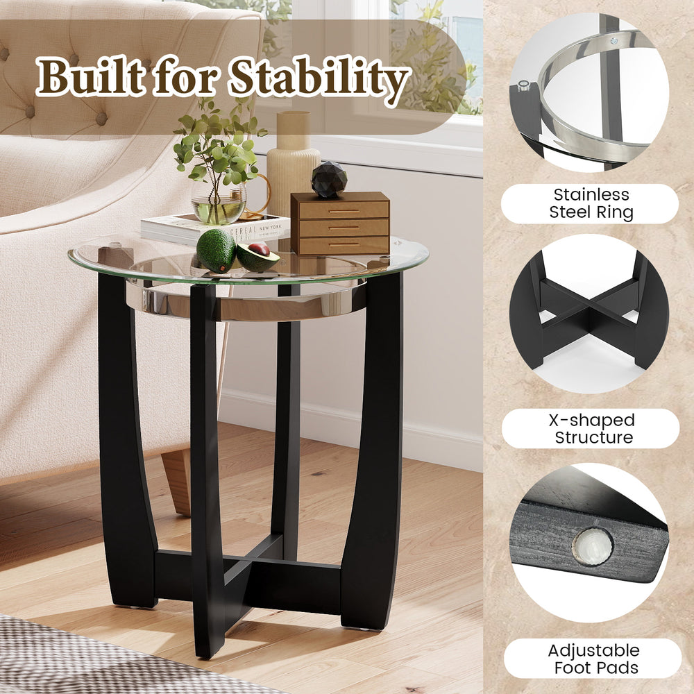 24-inch round side table with tempered glass top and solid rubber wood base, featuring an X-shaped structure for.