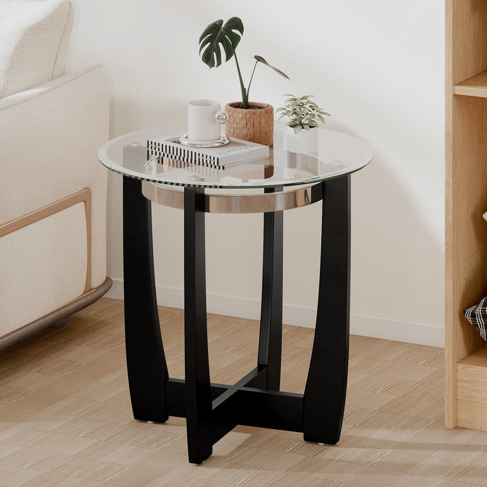 Round side table with adjustable foot pads and a sturdy rubber wood base, perfect for easy maintenance in any setting.
