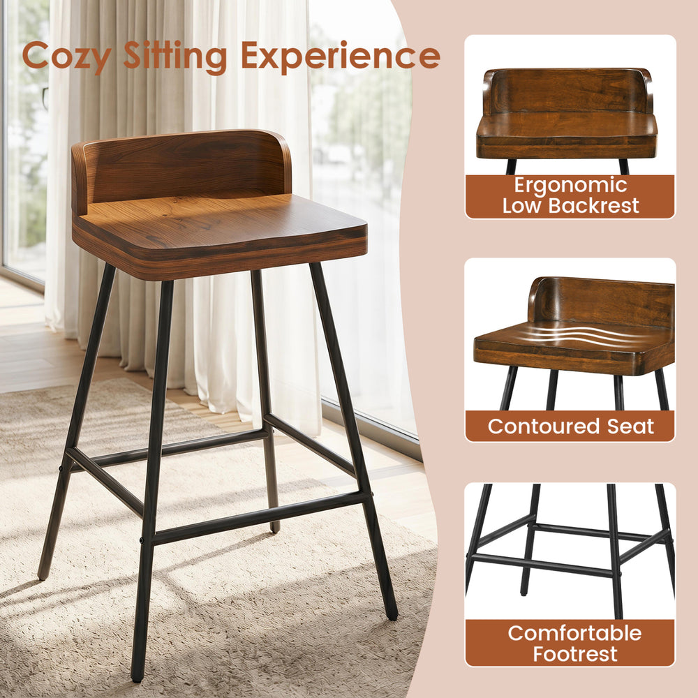 Counter height bar stool features a contoured rubber wood seat and ergonomic low backrest, perfect for stylish dining.
