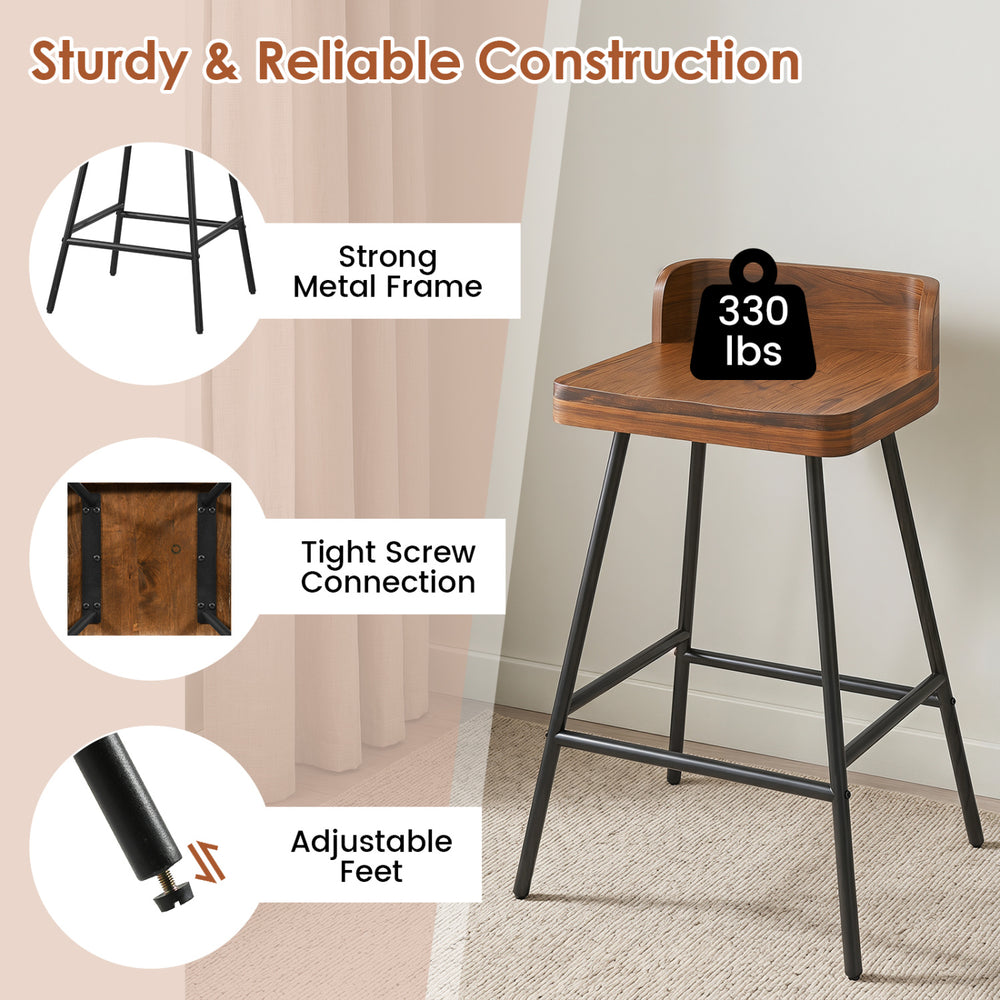 Counter height bar stool with a sturdy metal frame, rubber wood seat, and adjustable feet for kitchen or dining use.