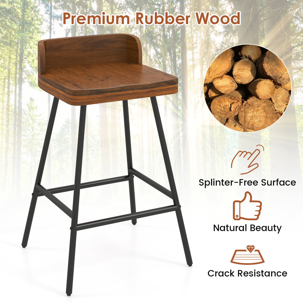 Counter height bar stool showcasing a premium rubber wood seat with a low backrest and sturdy black metal legs for durability.