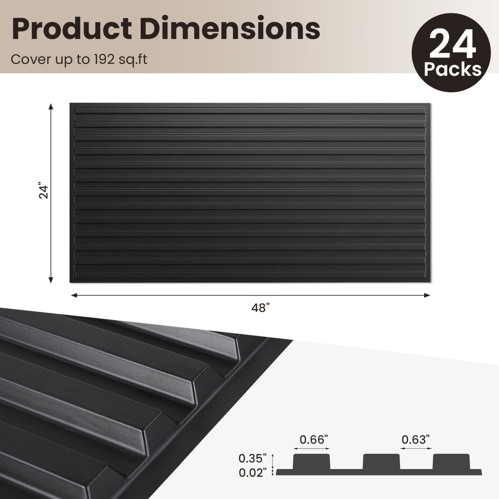 Black PVC slat wall panel dimensions, 48" x 24", part of a 24-pack for elegant interior wall decoration.