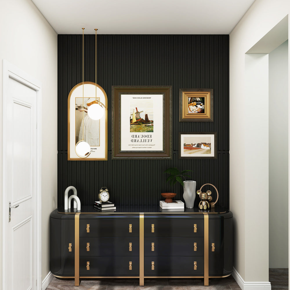Elegant black PVC slat wall panels with 3D fluted texture, ideal for modern interior decoration in living rooms.