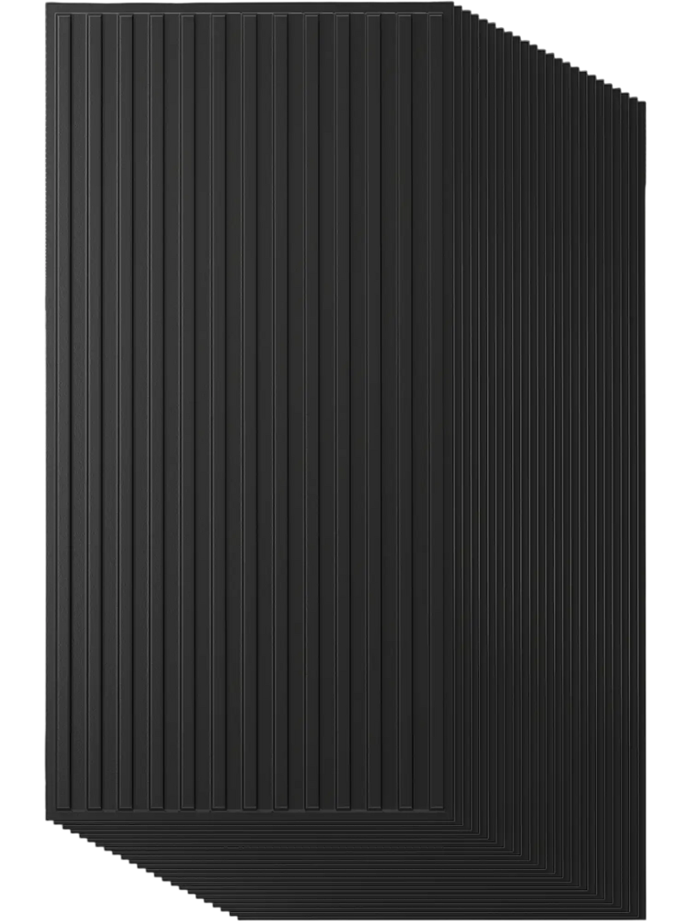 Black PVC slat wall panel with 3D fluted texture, ideal for modern interior decoration in living rooms and more.