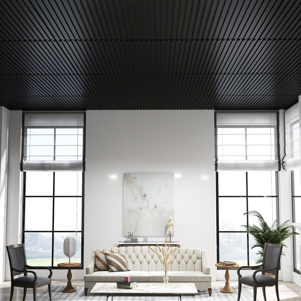 Black PVC slat wall panels with 3D fluted texture, ideal for modern living room and TV background decoration.