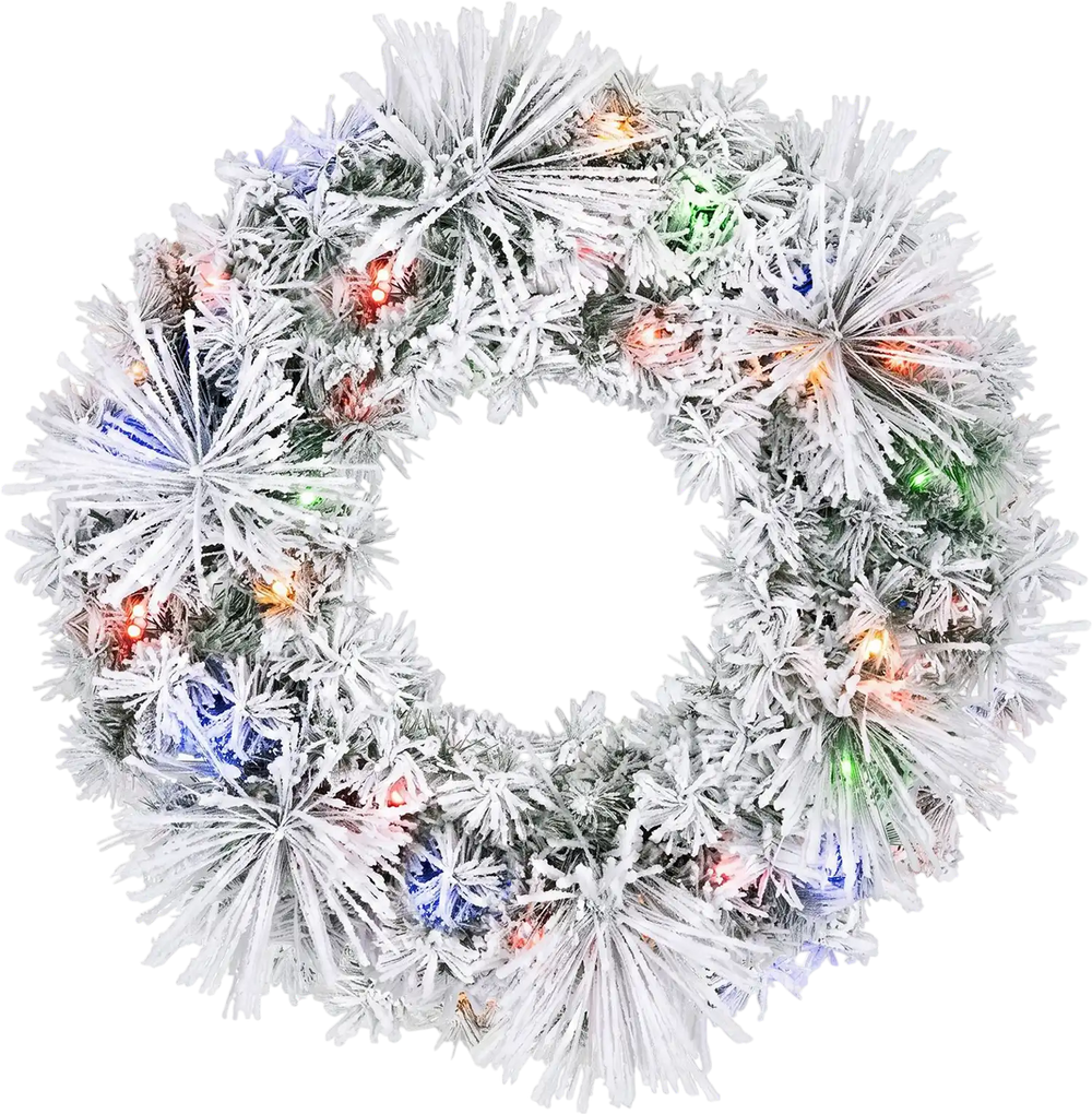 24" pre-lit Christmas wreath with frosted branch tips and 35 color-changing LED lights on a white background.