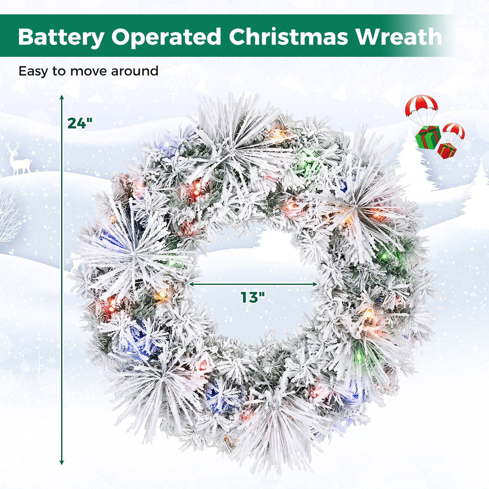 24" Pre-Lit Christmas Wreath with 35 color changing LED lights, shown with 24" width and frosted branch tips for holiday decorating.