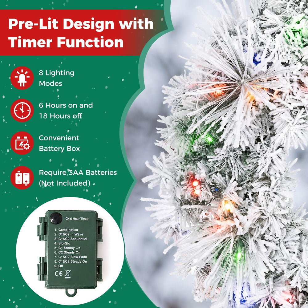 24-inch pre-lit Christmas wreath with frosted branch tips and 35 color-changing LED lights, shown with timer and lighting modes.