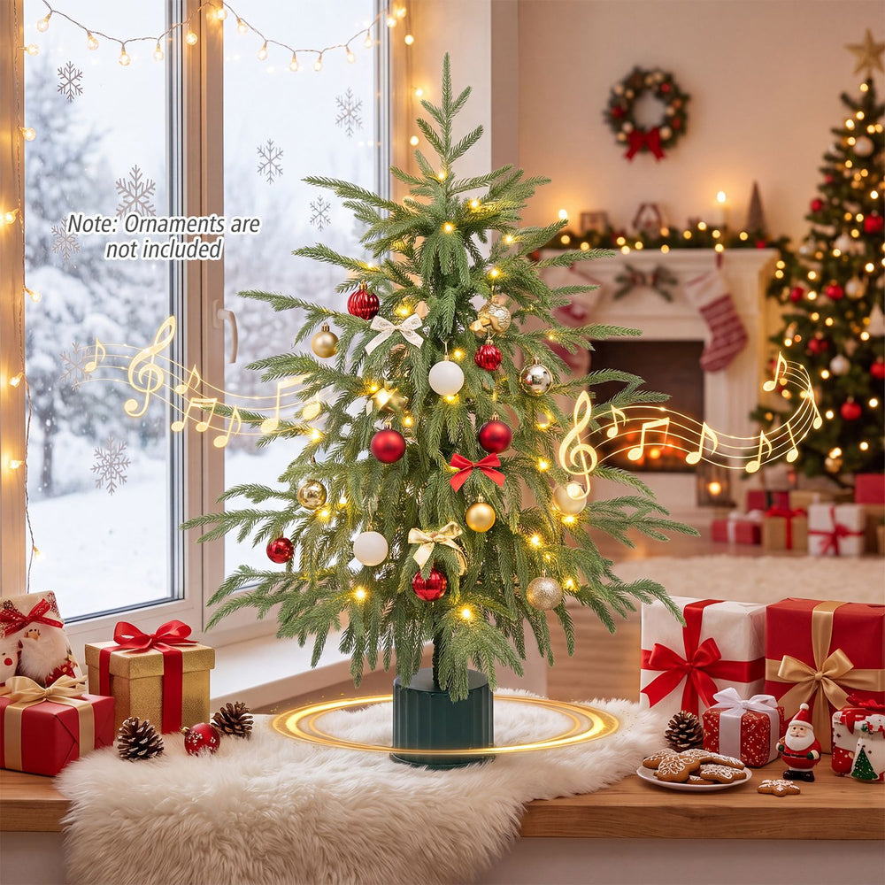 24" pre-lit tabletop Christmas tree with rotating musical base, featuring 35 LED lights and realistic PE branch tips for festive decor.