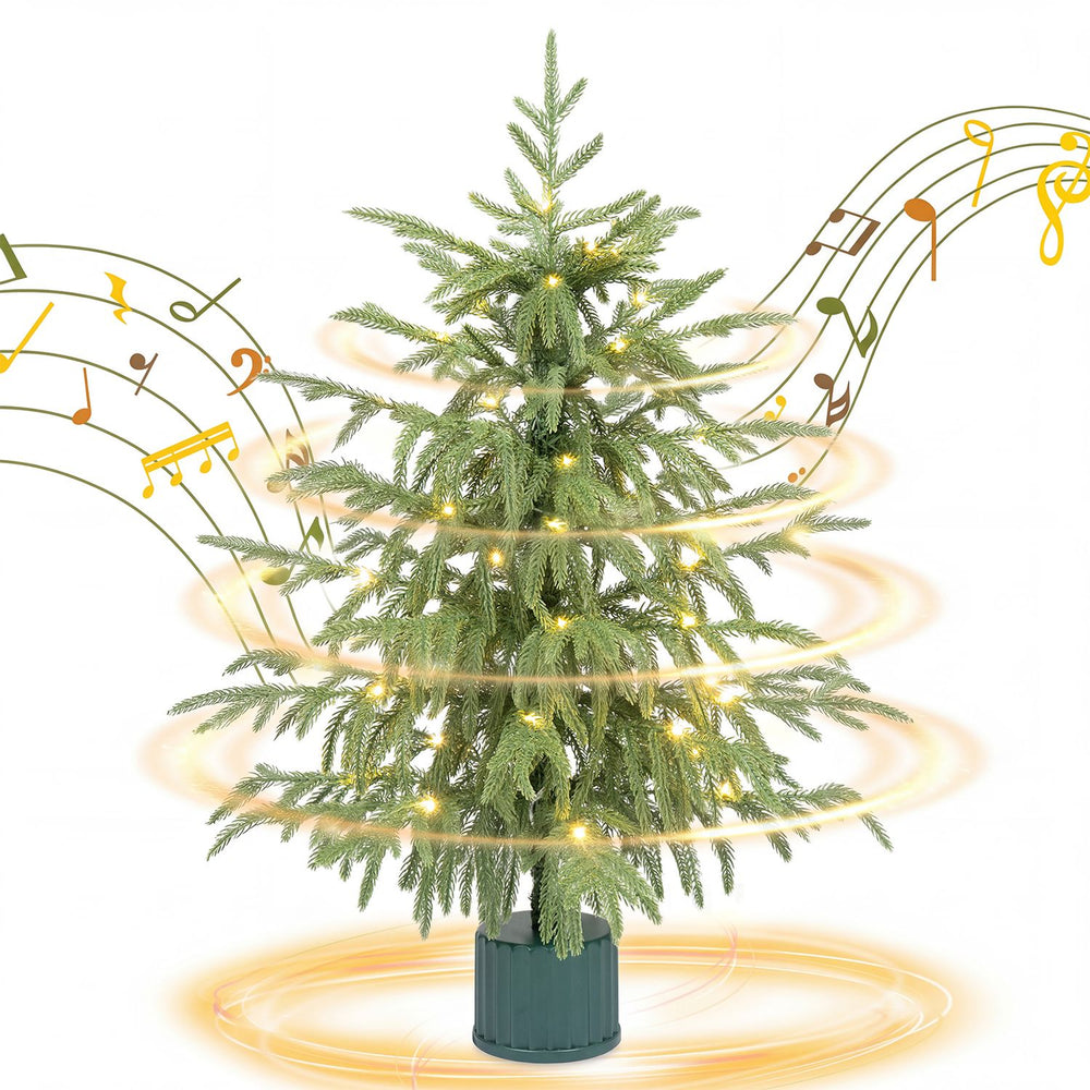 24" pre-lit tabletop Christmas tree with rotating musical base, 35 LED lights, and realistic PE branch tips for festive decor.