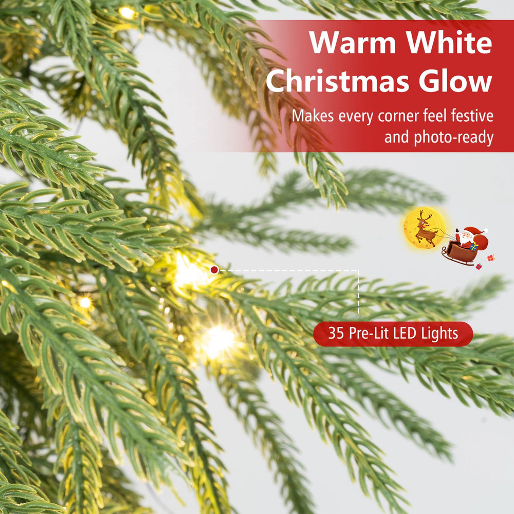 24" pre-lit tabletop Christmas tree with 35 LED lights and rotating musical base, perfect for festive decorations.