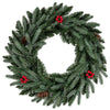 24” pre-lit Christmas wreath adorned with cedar and pine leaves, red berries, and pine cones for a lush holiday display.