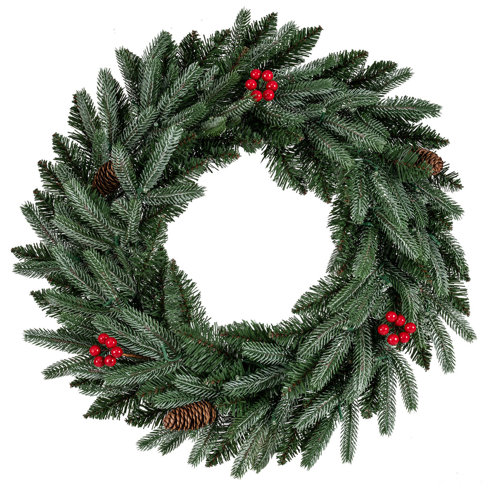 24” pre-lit Christmas wreath adorned with cedar and pine leaves, red berries, and pine cones for a lush holiday display.
