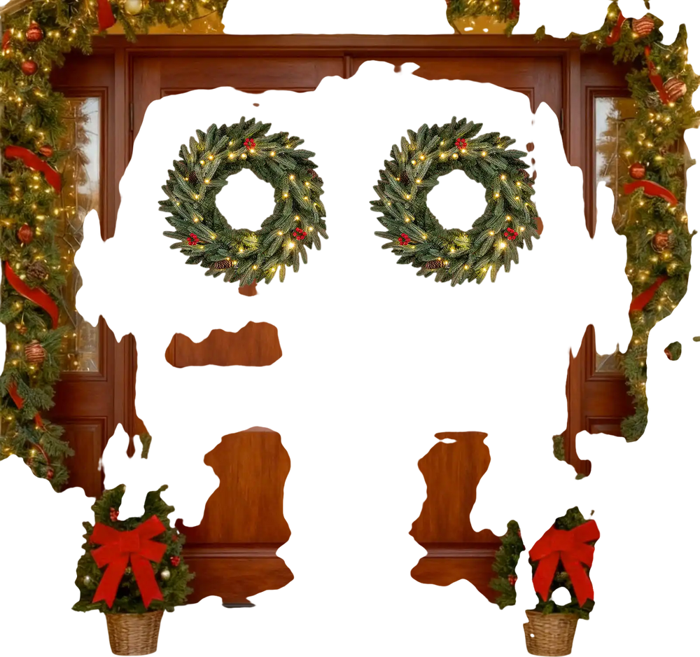 24” pre-lit Christmas wreath set of 2 with 90 frosted branch tips, adorned with berries and pine cones for festive.