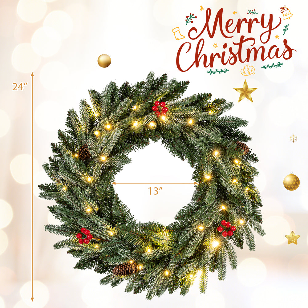 24” pre-lit Christmas wreath with 90 frosted branch tips, red berries, and pine cones, perfect for festive door decor.