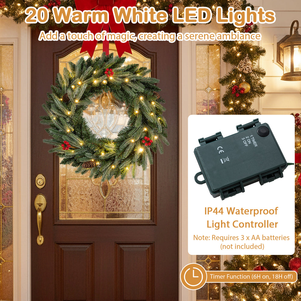 24” pre-lit Christmas wreath with 90 frosted branch tips, warm white LED lights, perfect for festive door decoration.